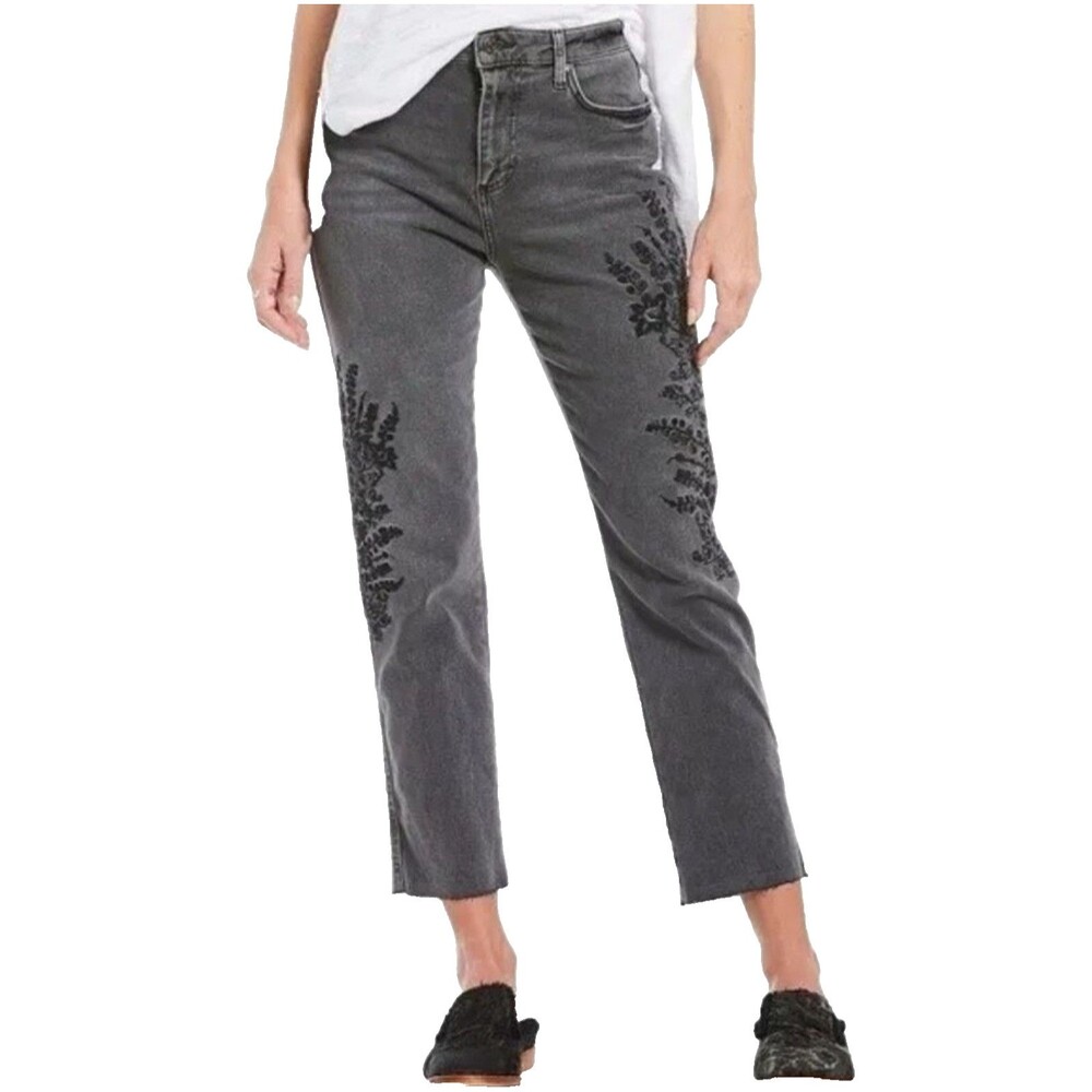 Free People Gray Jeans Size 24 Embroidered Straight Leg Girlfriend 2% Spandex